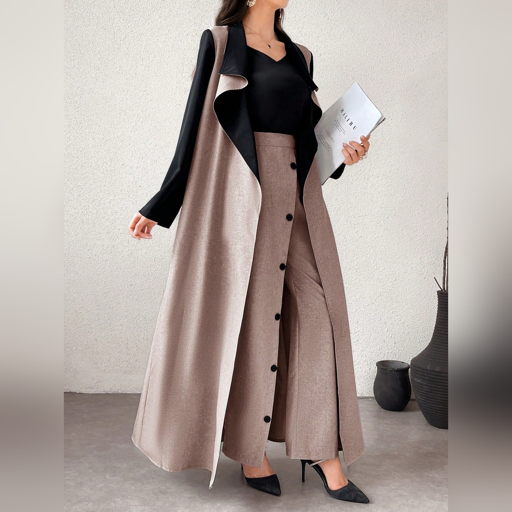 2pcs Women's Color Block Long Sleeve Loose Long Jacket And Casual - Picture 1 of 8